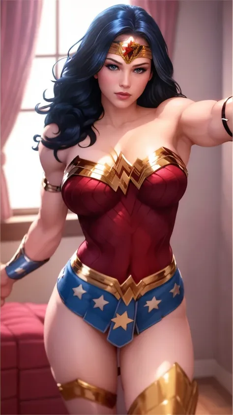 wonder woman very beautiful, blue eyes, long wavy black hair very giant breasts , shaped legs, very large buttocks , ((he is in ...