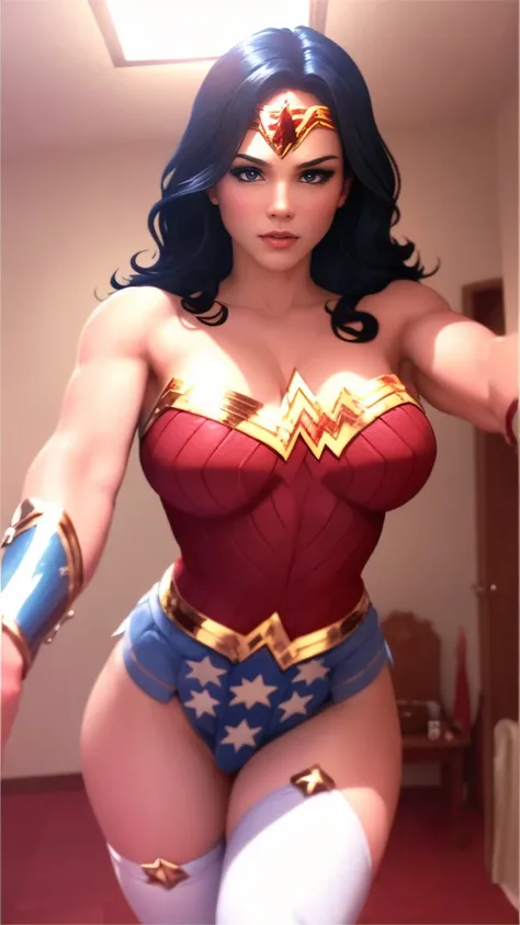 wonder woman very beautiful, blue eyes, long wavy black hair very giant breasts , shaped legs, very large buttocks , ((he is in ...