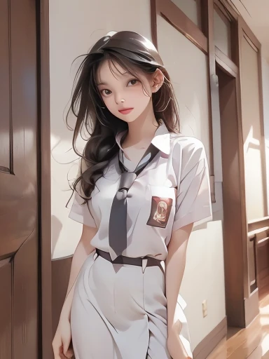 A beautiful young woman with long, straight black hair, posing confidently. She is wearing indonesian high School uniform, a fitted white button-down shirt, with some variations where her outfit may include a black tie or a slightly open collar. Her expres...