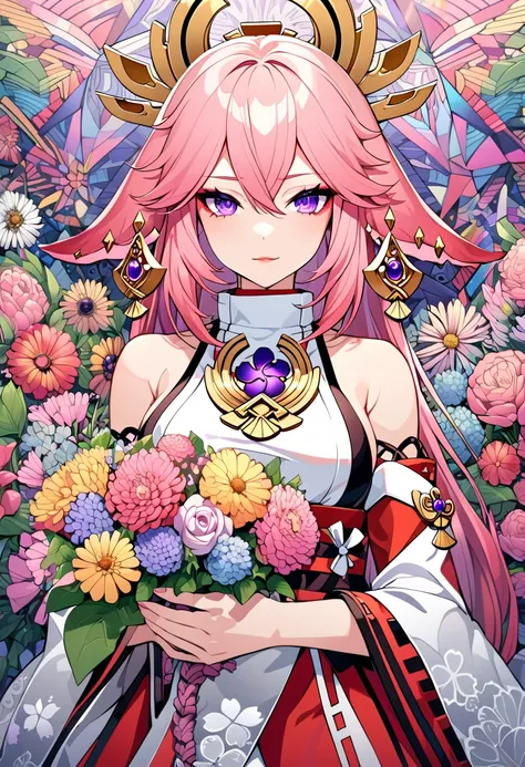 (ultra-detailed background, detailed background), absurdres, highres, ultra detailed, extremly detailed, 1girl, yae miko, pink hair, purple eyes, (bunch of flowers:1.3), (zentangle:1.2), (geometric:1.2),(colorful),