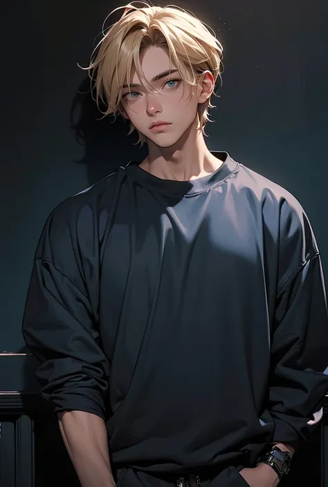 highly detailed night time portrait of tan skin, short blonde hair, in black and blue streetstyle baggy clothes, grunge aesthetic man in a dark room, tall muscular lean