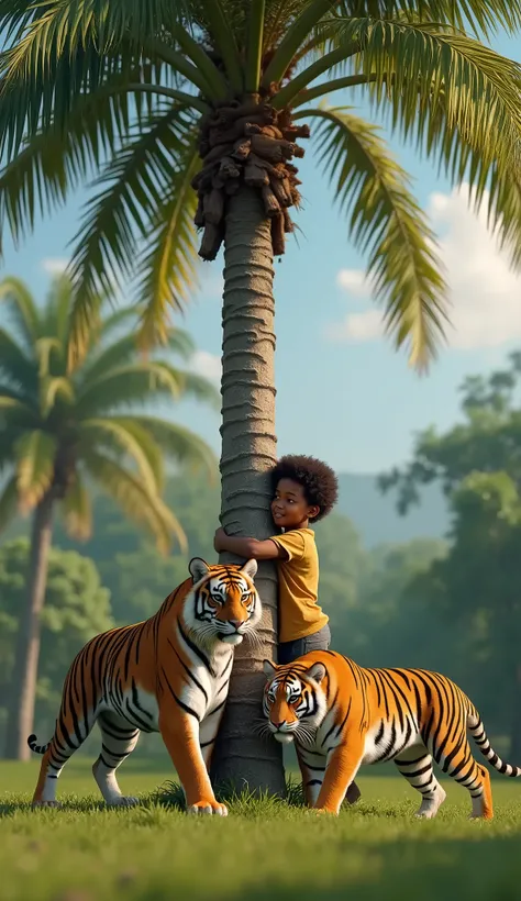 live-action、One real palm tree、Three tigers circling around a palm tree、A black boy is hugging a palm tree、
