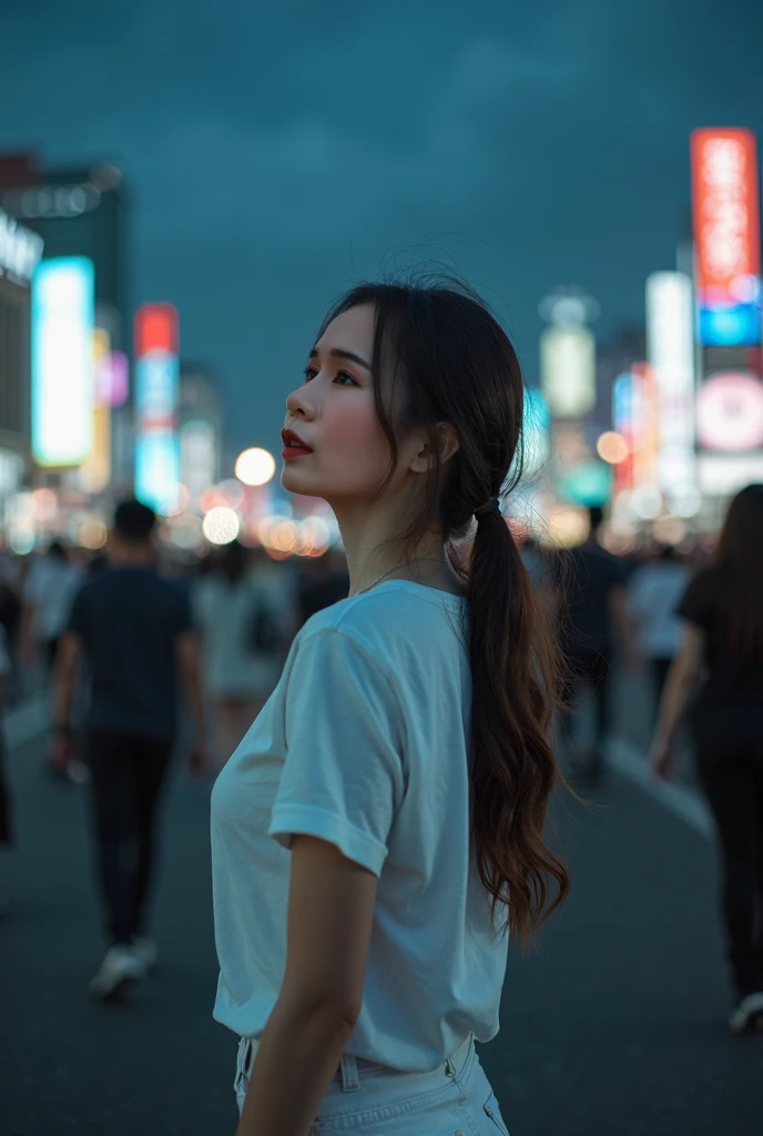 Low angle shot,Half body photo,Beautiful Asian girl with long hair,Tie your hair,Wear a white t-shirt,White pants,unfounded,unfoundedเต็มท้องฟ้า,At night,Lots of people,People walk by.,Wide Field,Light