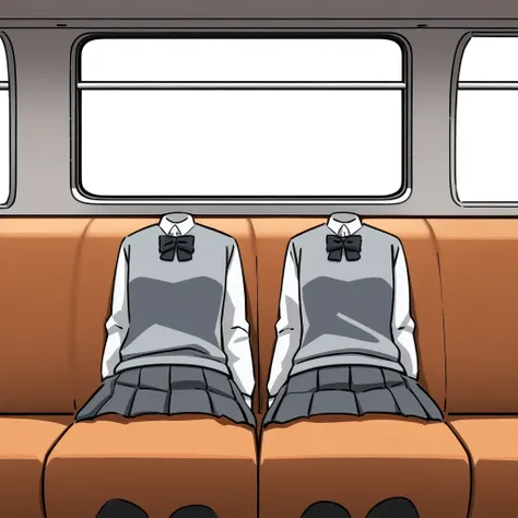 
Two headless mannequins dressed in gray school uniforms, sitting on a bus side by side. They wear pleated skirts and sweaters over white shirts with black bows. The bus has a modern interior with orange handrails, large windows showing a city in the backg...