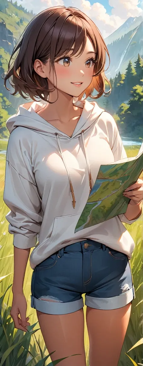 A vibrant Japanese woman in her late 20s, with short, wavy brown hair. She’s outdoors in nature, standing amidst tall grass, her face beaming with excitement. She’s wearing a light hoodie, denim shorts, and hiking boots, perfectly dressed for an adventure....