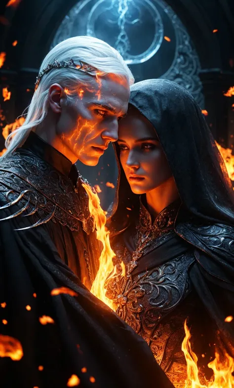 professional photo, couple dark reaper and gatekeeper with white hair, white, transparent skin and in a black shroud on fire and reflection in a mirror 4k fantasy art, epic fantasy art style hd, 4k Highодетализированное цифровое искусство, ice and fire, De...