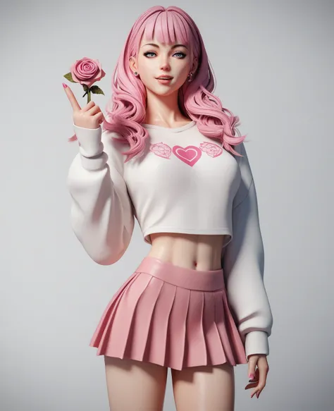 1 WOMAN, long pink hair, wearing a short skirt of the same color. On a white background. 3D anime style. making the gesture of giving a single pink rose.