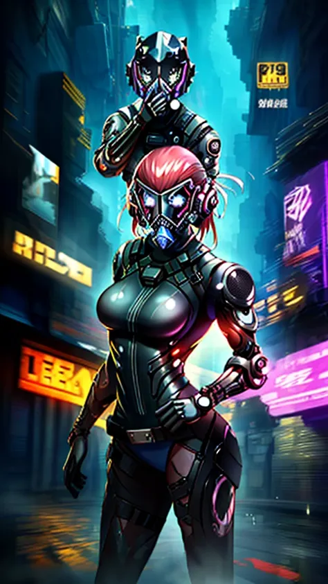 cyberpunk girl ,Graffiti, gas mask,(Premium、8K、32k、​masterpiece)、(The ultra - High definition)、(photorealistic:1.4), dynamic pose, COWBOY SHOT, cyberpunk fashion,Depth of Fields, cyberpunk city background, cinematic lighting.