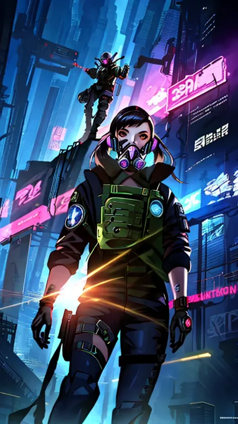 cyberpunk girl ,Graffiti, gas mask,(Premium、8K、32k、​masterpiece)、(The ultra - High definition)、(photorealistic:1.4), dynamic pose, COWBOY SHOT, cyberpunk fashion,Depth of Fields, cyberpunk city background, cinematic lighting.