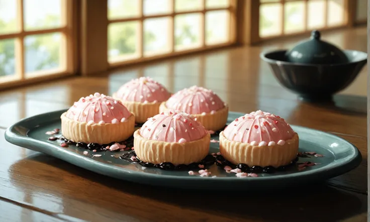 score_9, score_8_up, score_7_up, extreme close-up, ornate plate of delicate pink mochi cookies on a low ornate wooden table, sho...