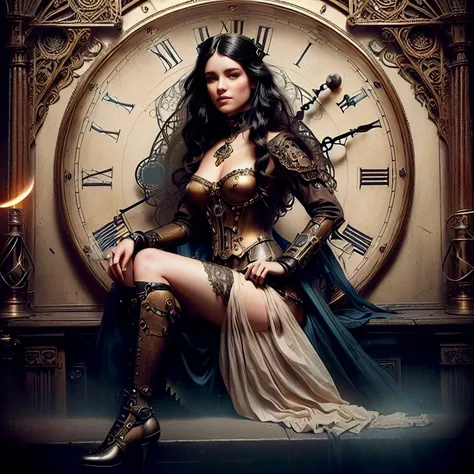 woman in nude transparent dress sits on big clock in dark room, grimdark Steampunk fantasy, Steampunk fantasy, Steampunk fantasy style, Steampunk fiction, The beautiful goddess of steampunk, fantasy victorian art, tom bagshaw style, tom bagshaw style, The ...