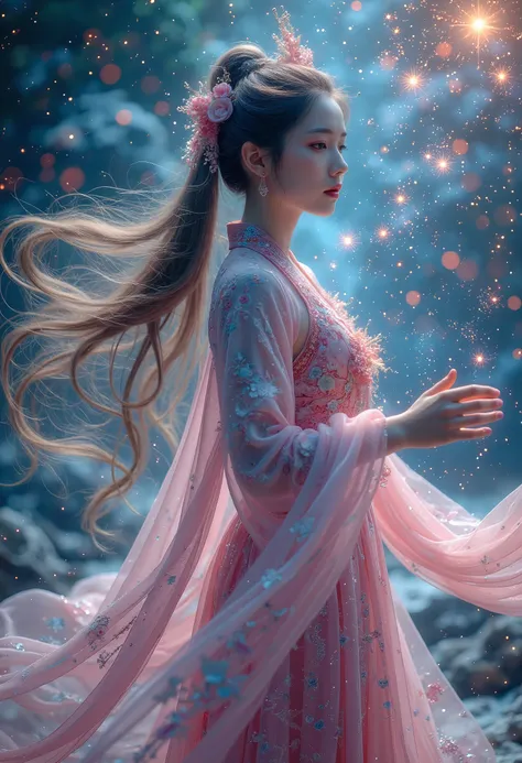 1 girl,hanfu,realistic,
Masterpiece,high quality,8,000,detailed,detailed face and skin,high resolution,perfect anatomy,physics-based rendering,photo-realistic,1 female,20 years old,full body photo,long wavy hair,accurate anatomy,woman in tights,body bright...