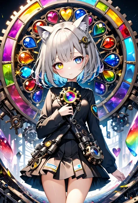 One Girl、whole body、Best Quality, Super Fine, 16k, Incredibly high resolution, Very detailed, Delicate and dynamic, A stained glass kaleidoscope made of gemstones of different colors, With mechanical mechanism, Mechanicalのメカニズム, and gear mechanism, A girl ...