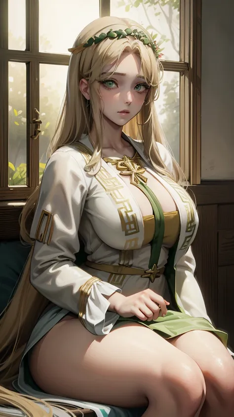 (((absurd))), (((Best quality))), portrait, Digital Art, (Popular on artstation), ((1 Girl)), (([Green shiny eyes)), Star Eyes, Beautiful, (Beige Blonde Long Hair]), (((Greek clothing))):0.9.