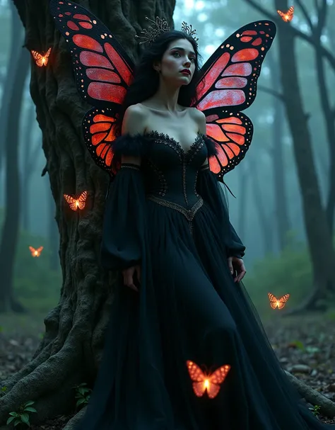 1girl, butterfly wings, dark fantasy style, carmilla, leaning against a dark tree, glowing butterflies surrounding her, vibrant colors, dramatic lighting, cinematic composition, ultra-detailed, 8k, photorealistic, (best quality,4k,8k,highres,masterpiece:1....