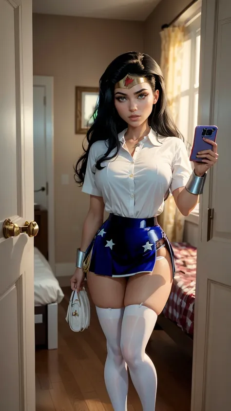 wonder woman very beautiful, blue eyes, long wavy black hair, very giant breasts , shaped legs, very large buttocks , ((he is in...