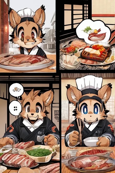 Color Comics、Japanese Manga、Meat dishes、A conversation scene while cooking、Comical chef werewolf、Straight ahead、Delicious cartoons of meat appear in multiple frames、Happy Face、smile、cute、