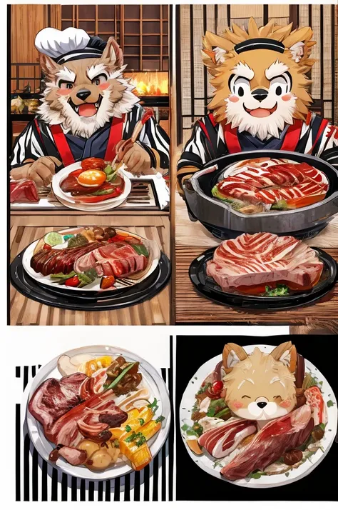 Color Comics、Japanese Manga、Meat dishes、Make the cooking scene into multiple frames、Comical chef werewolf、Straight ahead、Delicious meat cartoon、Happy Face、smile、cute、