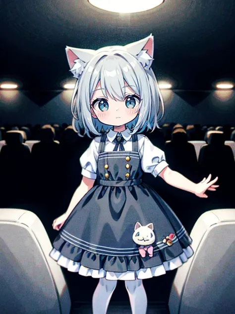 girl, Cinema Lighting、Debris scattered, Ash gray hair color, Bob Hair、Cat ears European style costume, SD Character, Strong support, Bright smile,