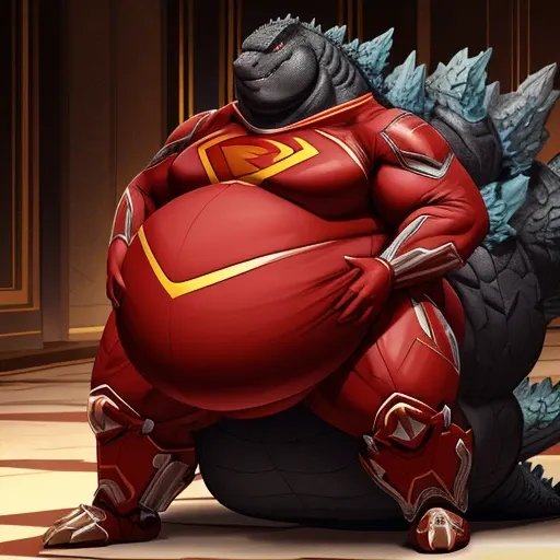 (solo:1.3) fat muscular (godzilla:1.3), (elegant red superhero suit:1.5) (armored suit:1.6), (obese belly:1.5), (legs spread:1.5...