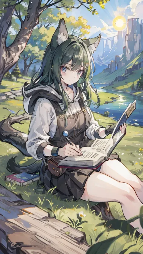 masterpiece, Best Quality 1 Girl, Sitting, animal, animal ears, bird, black_hair, Book, Bookmark, Branches, Gloves, Grass, green hair, Keep, Keep Book, hood, hood down, leaf, Viewers watching, multicolored hair, oPen_Book, partially fingerless Gloves, Pen,...