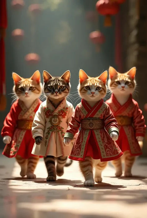 ((highest quality)), ((masterpiece)), Generate images of 4 cats as models in a fashion show, cats walking down a small catwalk in stylish attire, different variations of national costume dresses 