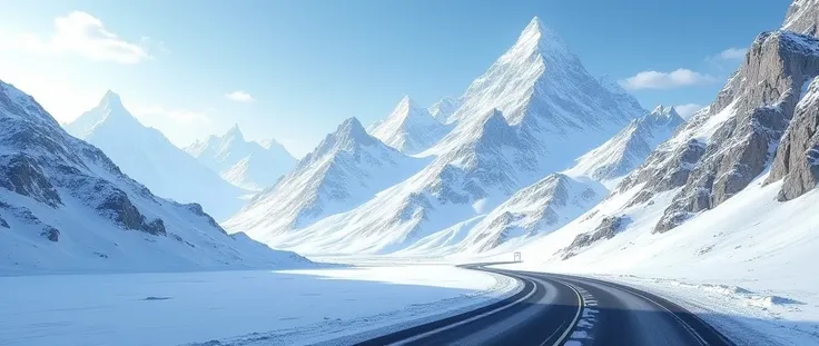 Front view of a row of snowy mountains with a horizontal road in the foreground 