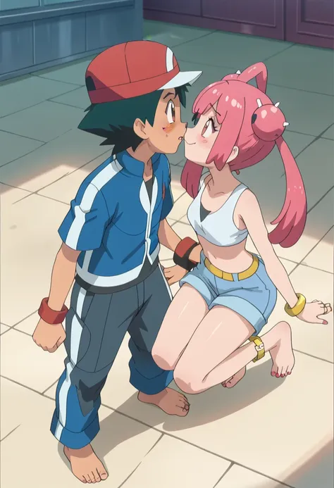 1 boy ash ketchum - pokemon x and y kiss 1 girl sango (pokemon) barefoot toes sole ankle bangle toes rings slime happy..