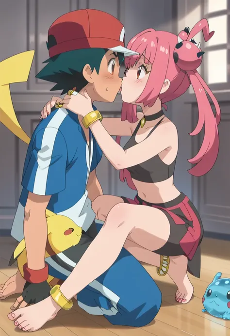 1 boy ash ketchum - pokemon x and y kiss 1 girl sango (pokemon) barefoot toes sole ankle bangle toes rings slime happy..