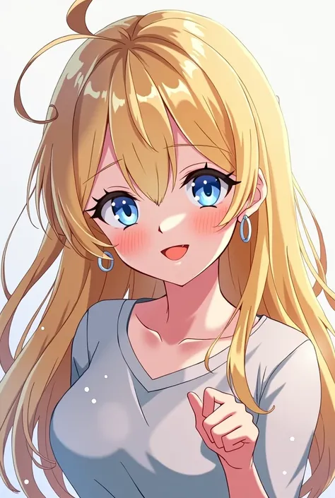 One girl, High resolution, masterpiece, Long Hair, Blonde, Ahoge, Large Breasts, Earrings, Hoop Earrings, smile, blue eyes, tongue, tongueを出す, Heterochromia, Sparkle Effect, anime, 