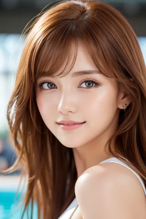 Beautiful Redhead, Very cute face, 4K resolution, Alone:1, throw, Beautiful thick thighs, Sunny city background, (Cheerleader), abdomen, Very cute girl、Face close-up、
Huge 、long brown hair、Shiny, Oily skin、Glowing Skin、Indoor competition pool、White skin、Fl...