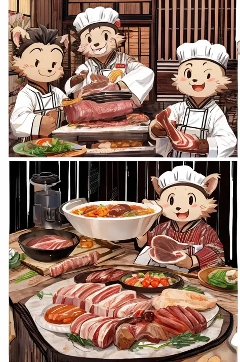 Color Comics、Japanese Manga、Meat dishes、Make the cooking scene into multiple frames、Comical chef werewolf、Straight ahead、Delicious meat cartoon、美味しそうなMeat dishesが出来上がりました、Happy Face、smile、cute、