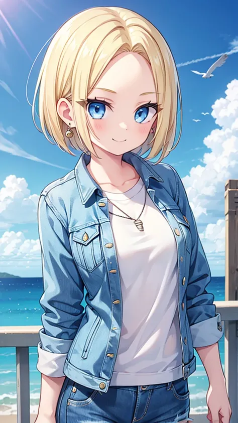 1 Girl, Solitary, Android 18, blond, Blue Eyes, Short hair, Jewelry, earrings</input></xml>, Smile, jacket, Sideways gaze, Denim, Denim jacket, Upper body, underwear, Shut up, cloud, sky空, sky, Looking elsewhere, blue sky空, collarb,