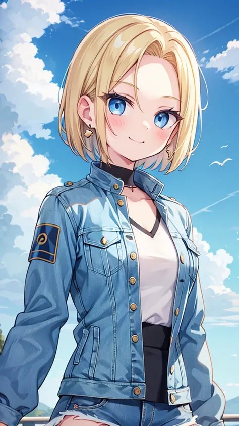 1 Girl, Solitary, Android 18, blond, Blue Eyes, Short hair, Jewelry, earrings</input></xml>, Smile, jacket, Sideways gaze, Denim, Denim jacket, Upper body, underwear, Shut up, cloud, sky空, sky, Looking elsewhere, blue sky空, collarb,