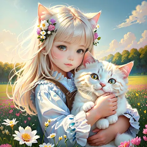 a close up of a child holding a cat in a field of flowers, very beautiful cute catgirl, cute digital art, cute detailed digital art, charming digital painting, white cat girl, white ( cat ) girl, beautiful digital artvery beautiful digital artbeautiful gor...