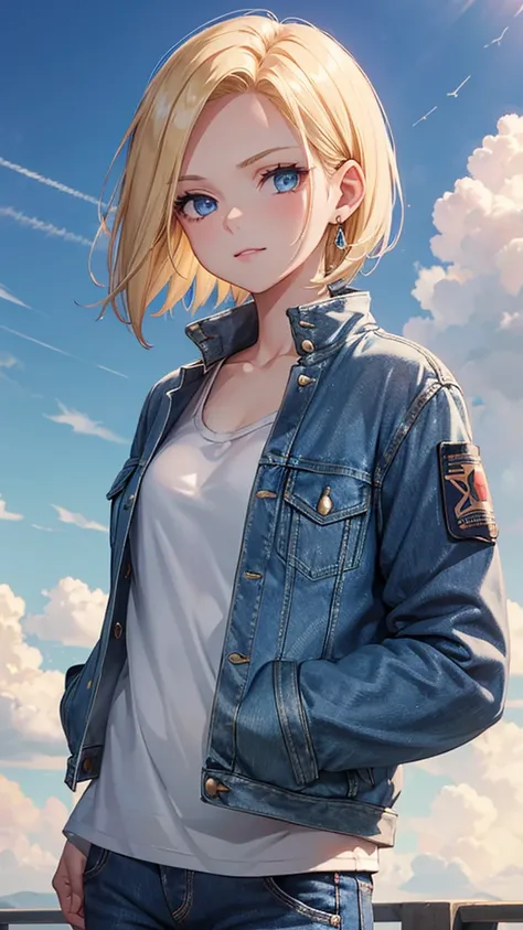 1 Girl, Solitary, Android 18, blond, Blue Eyes, Short hair, Jewelry, earringsSmile, jacket, Sideways gaze, Denim, Denim jacket, Upper body, underwear, Shut up, cloud, sky空, sky, Looking elsewhere, blue sky空, collarb,