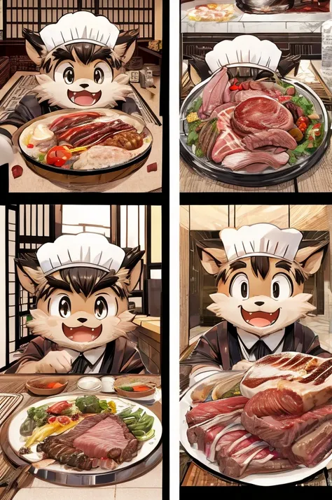 color comics、japanese manga、meat dishes、make the cooking scene into multiple frames、comical chef werewolf、straight ahead、delicio...