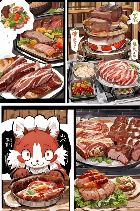 Color Comics、Japanese Manga、Meat dishes、Make the cooking scene into multiple frames、Comical chef werewolf、Straight ahead、Delicious meat cartoon、美味しそうなMeat dishesが出来上がりました、Happy Face、smile、cute、