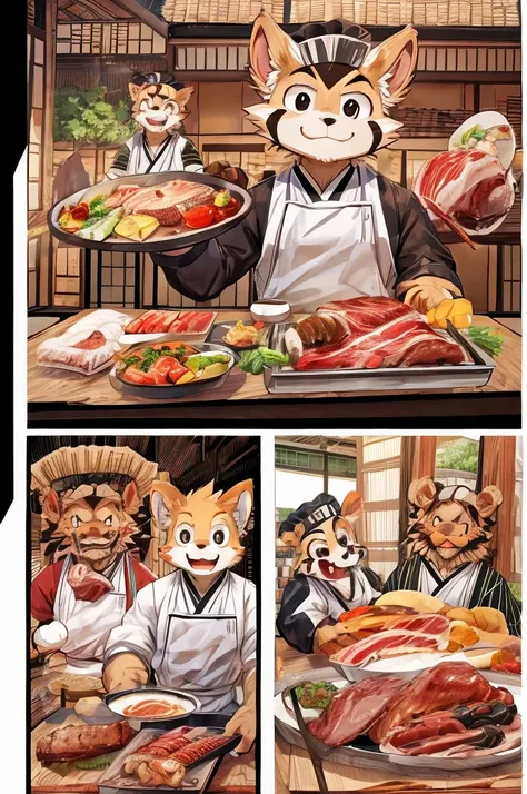 color comics、japanese manga、meat dishes、make the cooking scene into multiple frames、comical chef werewolf、straight ahead、delicio...