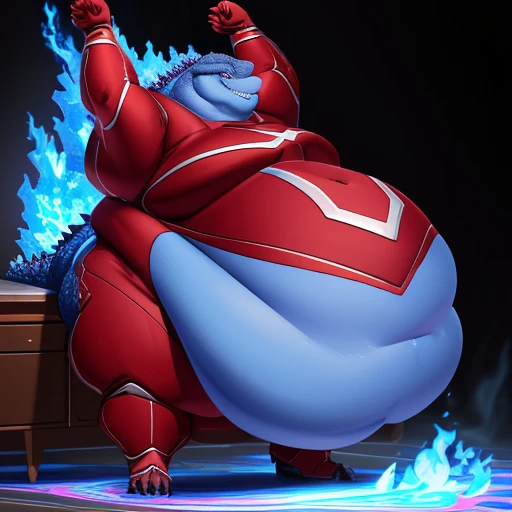 (solo:1.3) fat muscular (godzilla:1.3), (cocky grin:1.4), (emitting violet-blue flames:1.6), (elegant red superhero suit:1.5) (armored suit:1.6), (obese belly:1.8), (hands lifted up:1.3), (legs spread:1.5), (bedroom:1.5) (standing on floor:1.4), 8k, 1080P,...