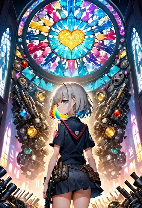 大きなrifleを背負った一人の女の子、whole body、Best Quality, Super Fine, 16k, Incredible high resolution, Very detailed, Delicate and dynamic, A stained glass kaleidoscope made of gemstones of different colors, Mechanical Mechanism, mechanicalのメカニズム, and gear mechanism, A...