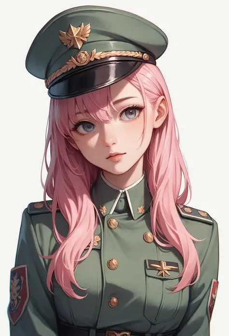 
1 WOMAN, long pink hair, wearing a cute military uniform. On white background. 3D anime style. Sexy pose