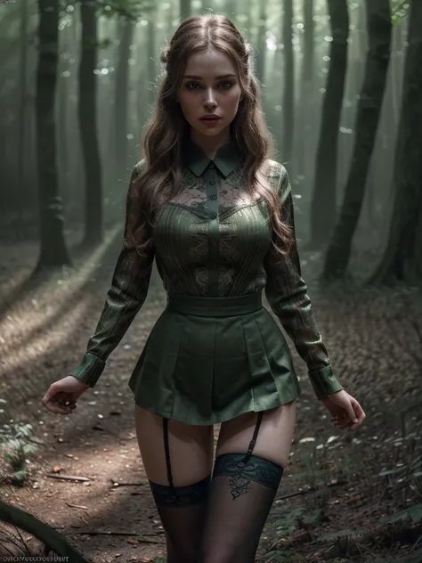 1 girl in a forest, hunter outfit and stockings, full body front view, beautiful detailed eyes, beautiful detailed lips, extremely detailed eyes and face, long eyelashes, intricate detailed clothing, (best quality,4k,8k,highres,masterpiece:1.2),ultra-detai...