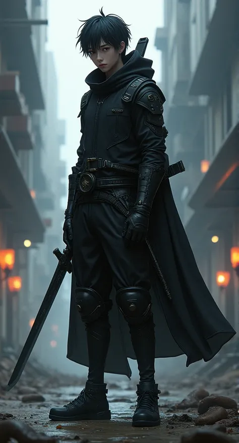 An image of a 1 anime-style boy who is like a knight in black clothing with a hood from a dystopian future who has a sword on his left side and an electromagnet gun called a dorumbrion on his right side.