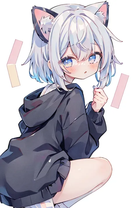 Very detailed, (Best Qualityのイラスト), 8k, Ultra-high resolution,混乱したbackground, cat ears、shy、Embarrassing、Viewer Perspective、Kamimei、Black Hoodie、mini skirt、Gray Hair、Wave、((((8k、))))、Rear View、(Viewer Perspective)、Adorable、Fluffy、,Game, Gameのコントローラー, Bob Ha...