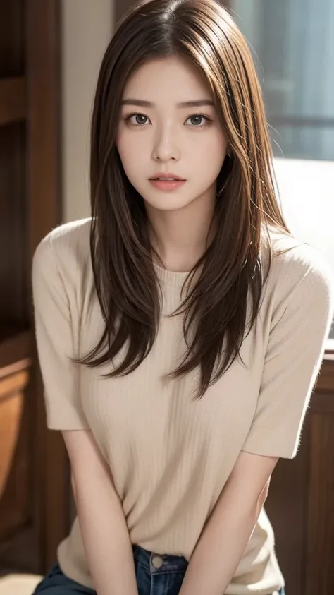 20 years old、woman、university student、(Casual Fashion), Brown Hair Color、Looking into the camera、Model、Cool look、Harsh eyes、Intimidating、Large Breasts、Slanted Eyes、Narrow eyes、Perfect Style、High image quality、High resolution、High resolution, masterpiece, A...