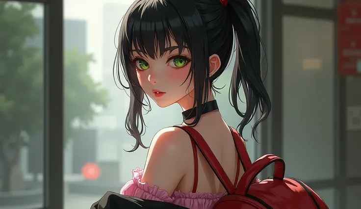 beautiful, masterpiece, best quality, extremely detailed face,  perfect lighting, 1girl, solo, sketch, green eyes, asymmetrical bangs, backpack, bag, black choker, black jacket, blurry, blurry background, choker, closed mouth, dress, from behind, indoors, ...