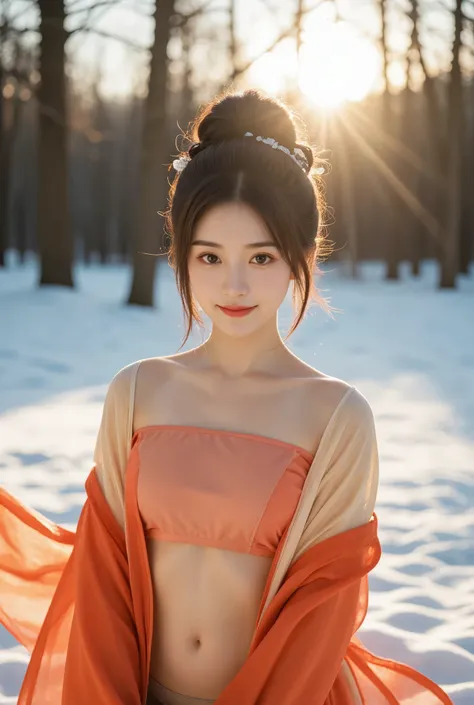 an attractive girl in red in the snow,snow background ,smile, dressed in ancient Chinese clothing,half body ,in the style of li shuxing, light orange and azure, smooth and shiny, xiaofei yue, blurry details, dark crimson and light brown, sunrays shine upon...