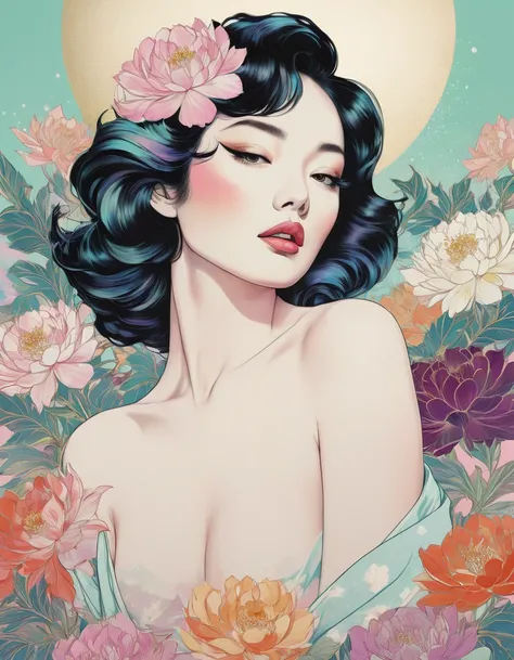 movie poster art for sensual illustration of an elegant , retro and vintage ,silky flower around body, matte painting, by Hannah Dale, by Harumi Hironaka, extremely soft colors, vibrant, pastel, highly detailed, digital artwork, high contrast, dramatic, pr...