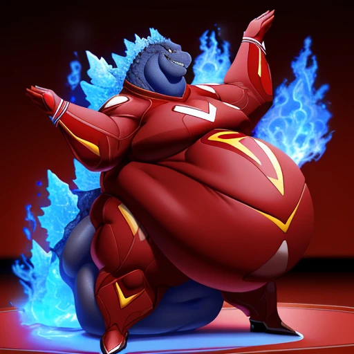 (solo:1.3) fat muscular (godzilla:1.3), (cocky grin:1.4), (emitting violet-blue flames:1.6), (elegant red superhero suit:1.8) (armored suit:1.6), (obese belly:1.8), (hands lifted up:1.3), (legs spread:1.5), (bedroom:1.5) (standing on floor:1.4), 8k, 1080P,...